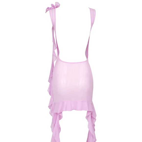 PINK ROSETTE FLOWY SHEER BACKLESS DRESS PARTY COCKTAIL - Picture 4 of 5